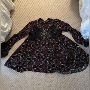 Free People Black Lace & Multi-Color Paisley Long Sleeve Dress